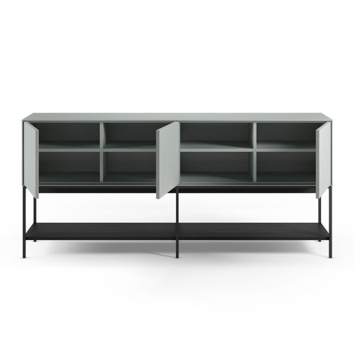 Buffet 3 Portes 1 Niches En Mélaminé Vert Sauge Et Piètement Avec Étagère En Métal Laqué Noir - Mir