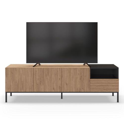 Meuble TV 3 Portes En Mélaminé Mélaminé Imitation Bois Et Noir Piètement Métal Laqué Noir - Callas