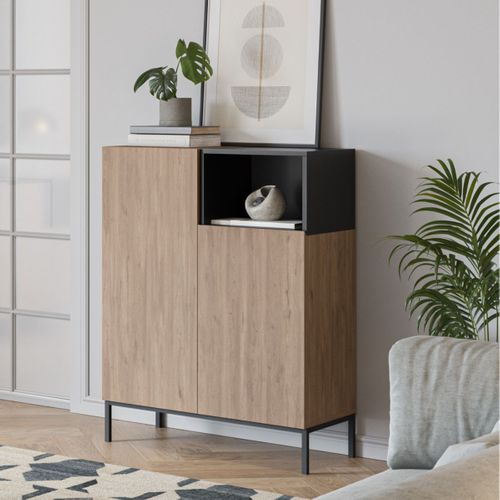 Meuble De Rangement 2 Portes En Mélaminé Imitation Bois Et Noir Piètement Métal Laqué Noir - Callas