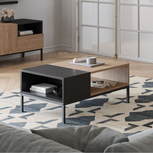 Table Basse En Mélaminé Imitation Bois Et Noir Piètement Métal Laqué Noir - Callas