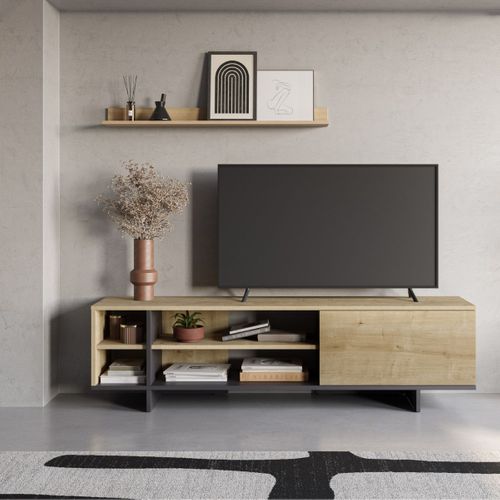 Meuble TV 1 Portes 4 Niches En Mélaminé Imitation Bois Et Noir - Esquisse