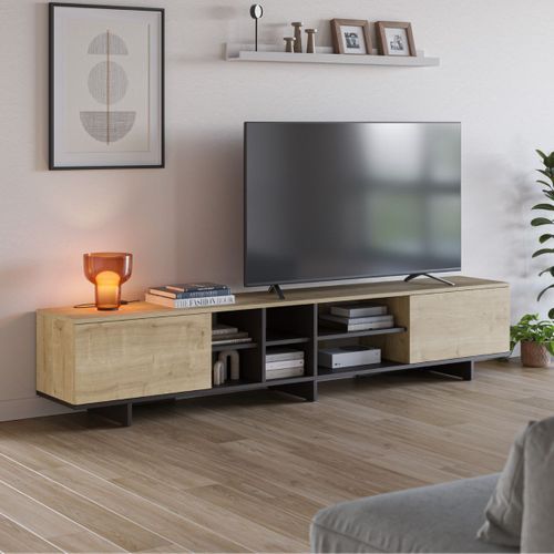 Meuble TV 2 Portes 230cm En Mélaminé Imitation Bois Et Noir - Esquisse