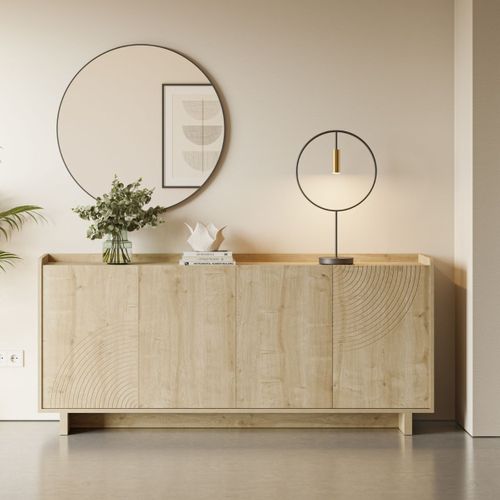 Buffet 4 Portes 180cm En Mélaminé Imitation Bois Décor Relief Fraisé - Riad