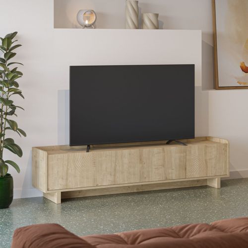 Meuble TV 4 Portes 180cm En Mélaminé Imitation Bois Décor Relief Fraisé - Riad