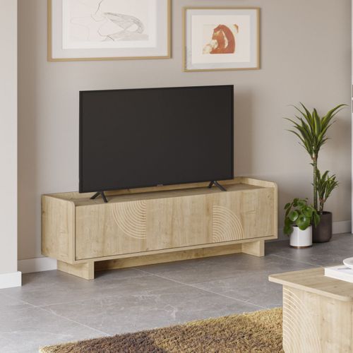Meuble TV 3 Portes 140cm En Mélaminé Imitation Bois Décor Relief Fraisé - Riad