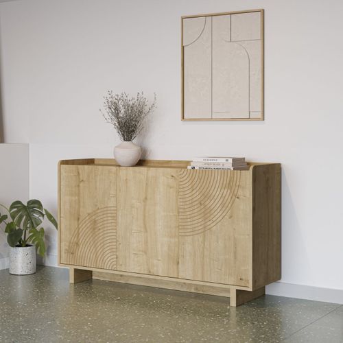 Buffet 3 Portes 140cm En Mélaminé Imitation Bois Décor Relief Fraisé - Riad