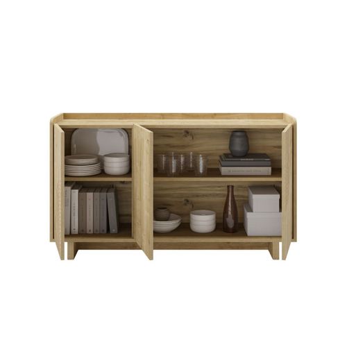 Buffet 3 Portes 140cm En Mélaminé Imitation Bois Décor Relief Fraisé - Riad