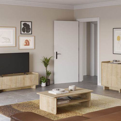 Table Basse Avec Tablette En Mélaminé Imitation Bois Décor Relief Fraisé - Riad