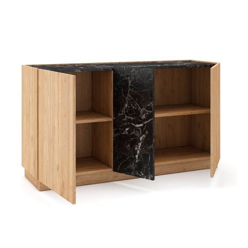 Buffet 3 Portes 140cm En Mélaminé Imitation Bois Et Marbre Noir - Odalys