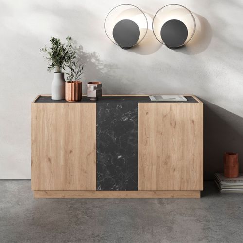 Buffet 3 Portes 140cm En Mélaminé Imitation Bois Et Marbre Noir - Odalys