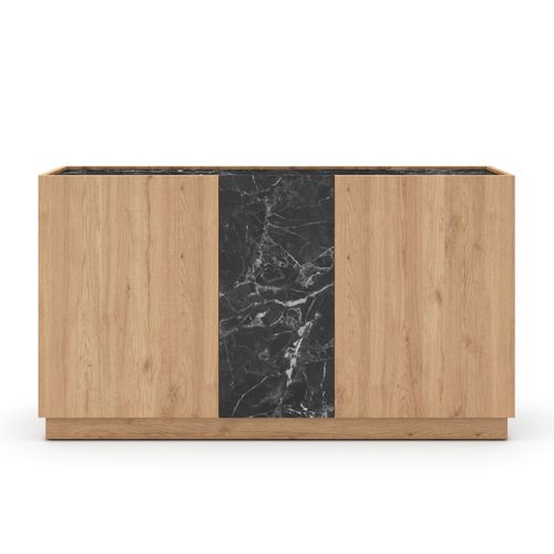 Buffet 3 Portes 140cm En Mélaminé Imitation Bois Et Marbre Noir - Odalys