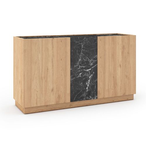 Buffet 3 Portes 140cm En Mélaminé Imitation Bois Et Marbre Noir - Odalys