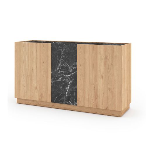 Buffet 3 Portes 140cm En Mélaminé Imitation Bois Et Marbre Noir - Odalys