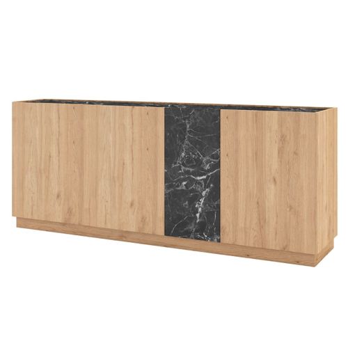 Buffet 4 Portes 180cm En Mélaminé Imitation Bois Et Marbre Noir - Odalys