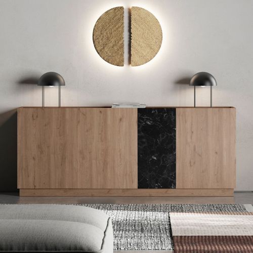 Buffet 4 Portes 180cm En Mélaminé Imitation Bois Et Marbre Noir - Odalys