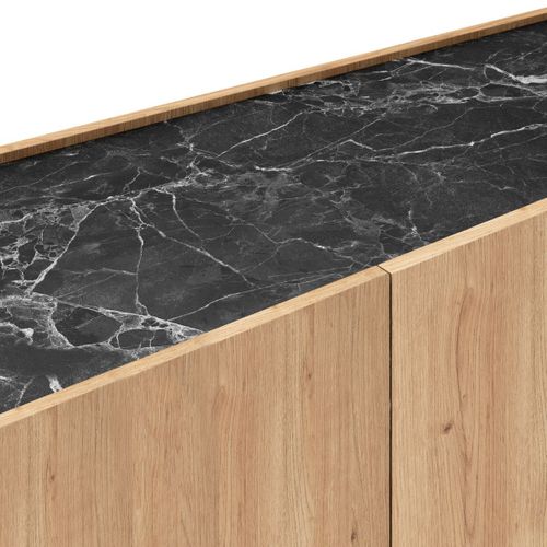 Buffet 4 Portes 180cm En Mélaminé Imitation Bois Et Marbre Noir - Odalys