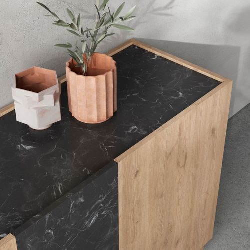 Buffet 4 Portes 180cm En Mélaminé Imitation Bois Et Marbre Noir - Odalys