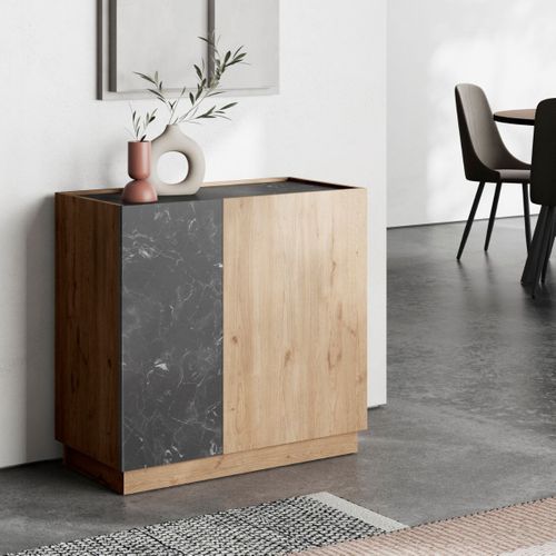 Buffet 2 Portes En Mélaminé Imitation Bois Et Marbre Noir - Odalys