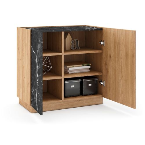 Buffet 2 Portes En Mélaminé Imitation Bois Et Marbre Noir - Odalys