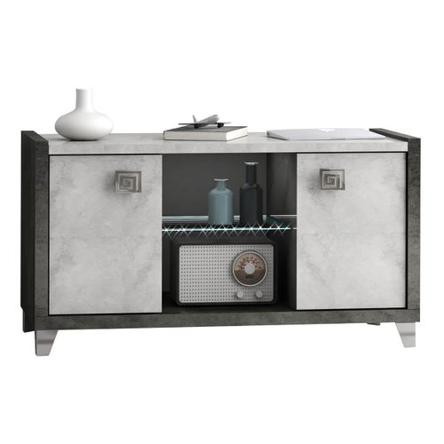 Meuble TV 2 Portes 105cm Gris Aspect Pierre Avec LED - Hoffman