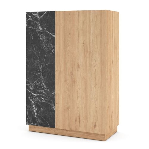 Meuble De Rangement 2 Portes En Mélaminé Imitation Bois Et Marbre Noir - Odalys