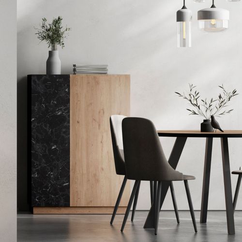 Meuble De Rangement 2 Portes En Mélaminé Imitation Bois Et Marbre Noir - Odalys