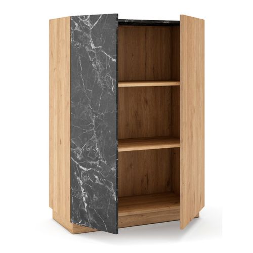 Meuble De Rangement 2 Portes En Mélaminé Imitation Bois Et Marbre Noir - Odalys