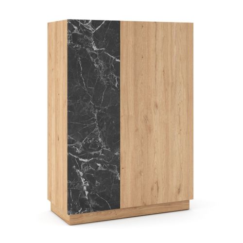 Meuble De Rangement 2 Portes En Mélaminé Imitation Bois Et Marbre Noir - Odalys