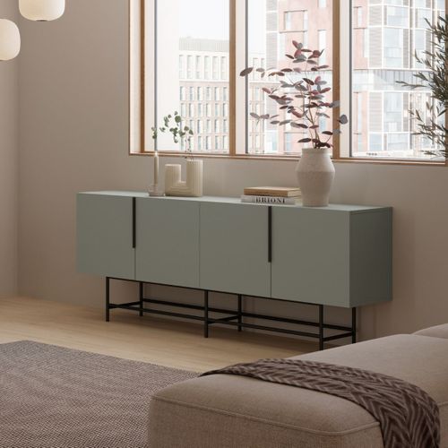 Buffet 4 Portes En Mélaminé Vert Kaki Et Piètement Et Poignées En Métal Laqué Noir - Aldine