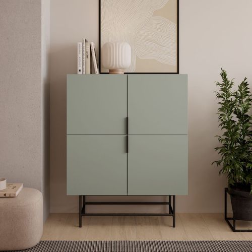 Meuble De Rangement 4 Portes En Mélaminé Vert Kaki Et Piètement Et Poignées En Métal Laqué Noir