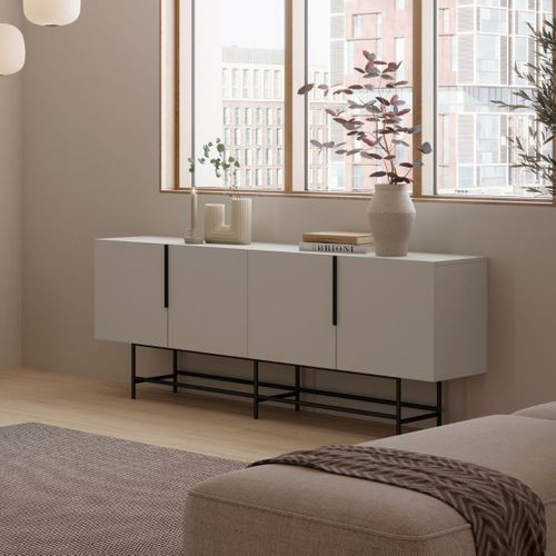 Buffet 4 Portes En Mélaminé Beige Et Piètement Et Poignées En Métal Laqué Noir - Aldine