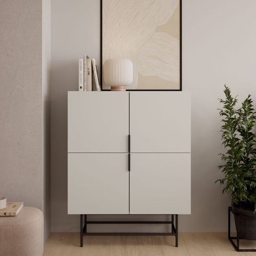 Meuble De Rangement 4 Portes En Mélaminé Beige Et Piètement Et Poignées En Métal Laqué Noir - Aldin