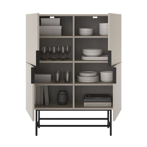 Meuble De Rangement 4 Portes En Mélaminé Beige Et Piètement Et Poignées En Métal Laqué Noir - Aldin