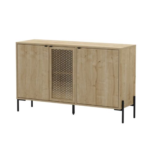 Buffet 3 Portes En Mélaminé Imitation Bois Clair Avec 1 Porte Sculptée Piètement Métal Noir - Melis