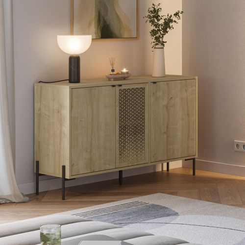 Buffet 3 Portes En Mélaminé Imitation Bois Clair Avec 1 Porte Sculptée Piètement Métal Noir - Melis