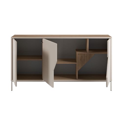 Buffet 3 Portes 150cm En Mélaminé Beige Et Imitation Bois Avec Découpe Graphique Oblique - Anouk