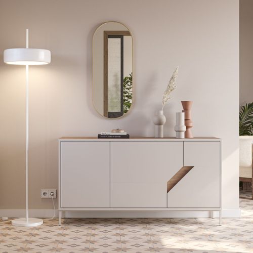 Buffet 3 Portes 150cm En Mélaminé Beige Et Imitation Bois Avec Découpe Graphique Oblique - Anouk