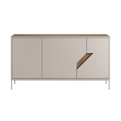 Buffet 3 Portes 150cm En Mélaminé Beige Et Imitation Bois Avec Découpe Graphique Oblique - Anouk