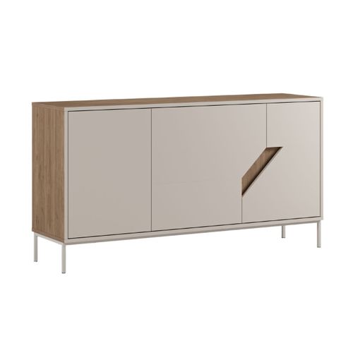 Buffet 3 Portes 150cm En Mélaminé Beige Et Imitation Bois Avec Découpe Graphique Oblique - Anouk