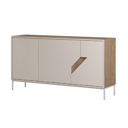 Buffet 3 Portes 150cm En Mélaminé Beige Et Imitation Bois Avec Découpe Graphique Oblique - Anouk