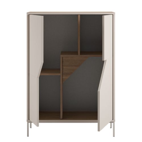 Meuble De Rangement 2 Portes En Mélaminé Beige Et Imitation Bois Avec Découpe Graphique Oblique