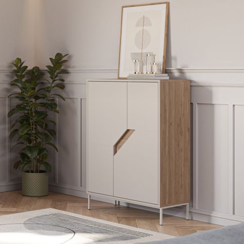 Meuble De Rangement 2 Portes En Mélaminé Beige Et Imitation Bois Avec Découpe Graphique Oblique