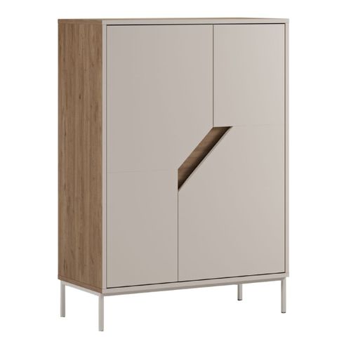 Meuble De Rangement 2 Portes En Mélaminé Beige Et Imitation Bois Avec Découpe Graphique Oblique