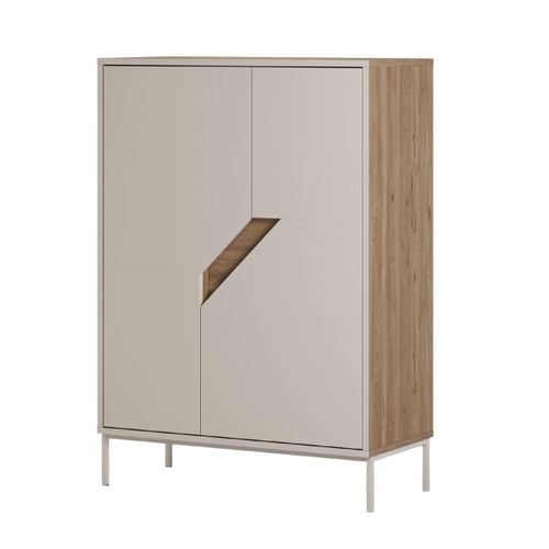 Meuble De Rangement 2 Portes En Mélaminé Beige Et Imitation Bois Avec Découpe Graphique Oblique