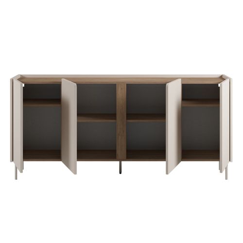 Buffet 4 Portes 180cm En Mélaminé Beige Et Imitation Bois Avec Découpe Graphique Bandeau - Liwenn