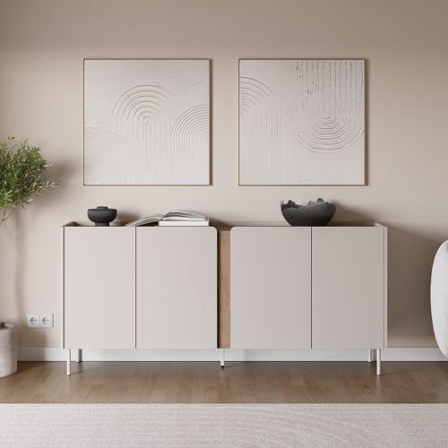 Buffet 4 Portes 180cm En Mélaminé Beige Et Imitation Bois Avec Découpe Graphique Bandeau - Liwenn