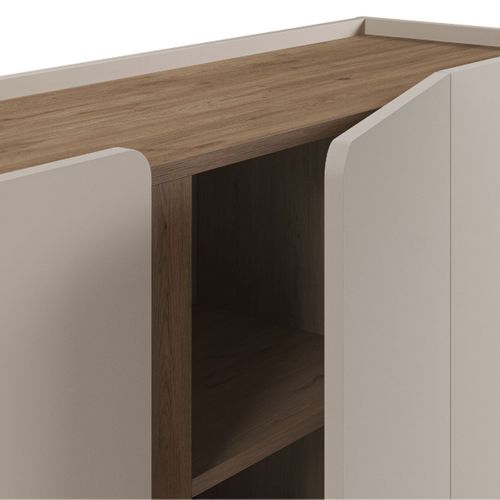 Buffet 4 Portes 180cm En Mélaminé Beige Et Imitation Bois Avec Découpe Graphique Bandeau - Liwenn