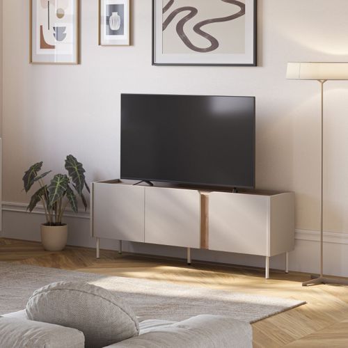 Meuble TV 3 Portes 140cm En Mélaminé Beige Et Imitation Bois Avec Découpe Graphique Bandeau - Liwen