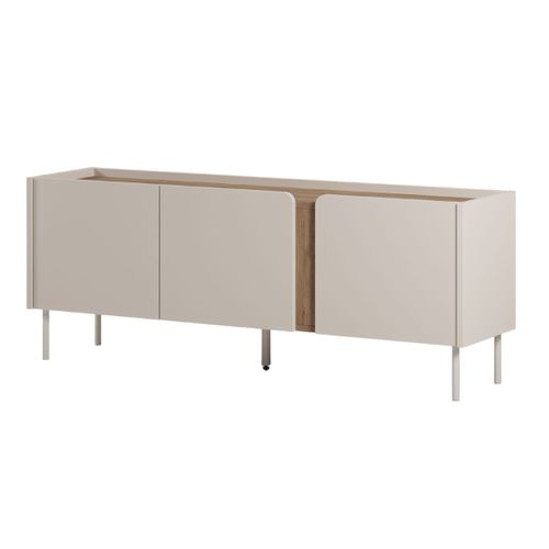 Meuble TV 3 Portes 140cm En Mélaminé Beige Et Imitation Bois Avec Découpe Graphique Bandeau - Liwen