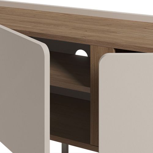 Meuble TV 3 Portes 140cm En Mélaminé Beige Et Imitation Bois Avec Découpe Graphique Bandeau - Liwen